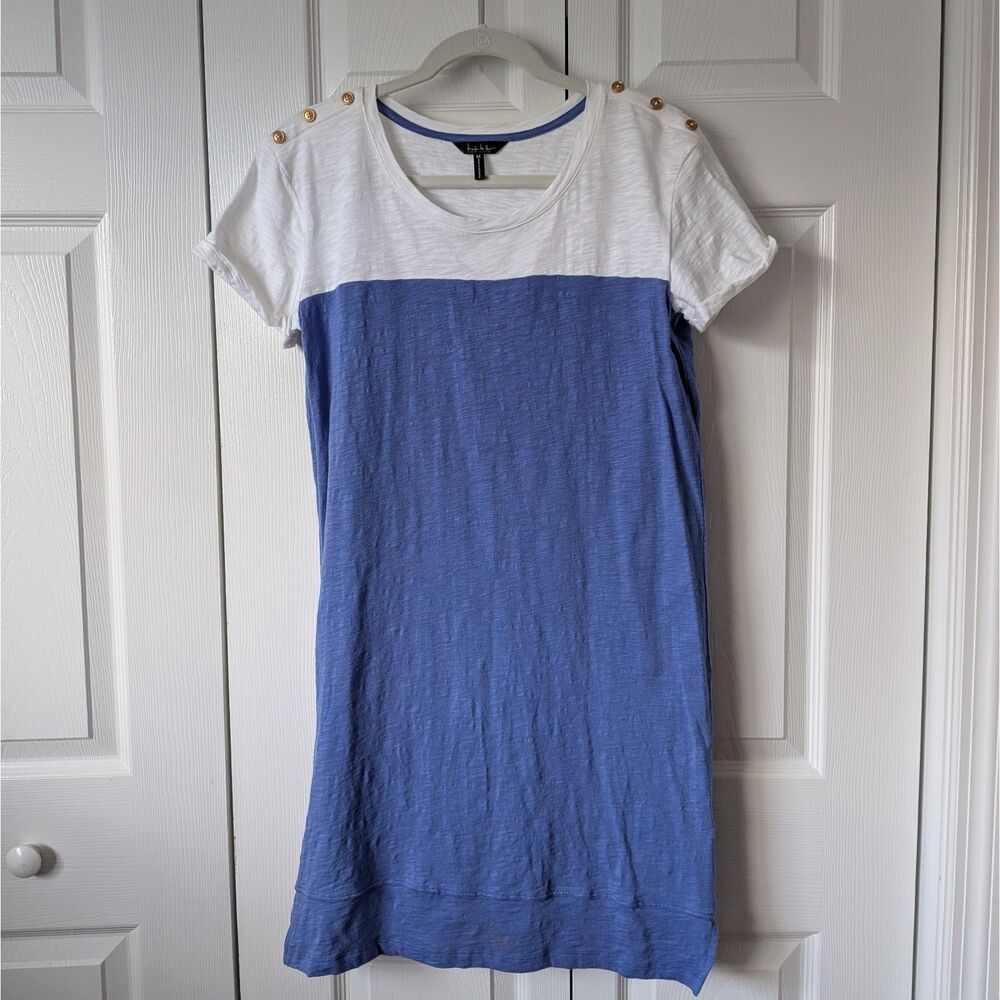 Nicole Miller New York Blue & White Color Block Tshirt Shift Cotton Dress Med